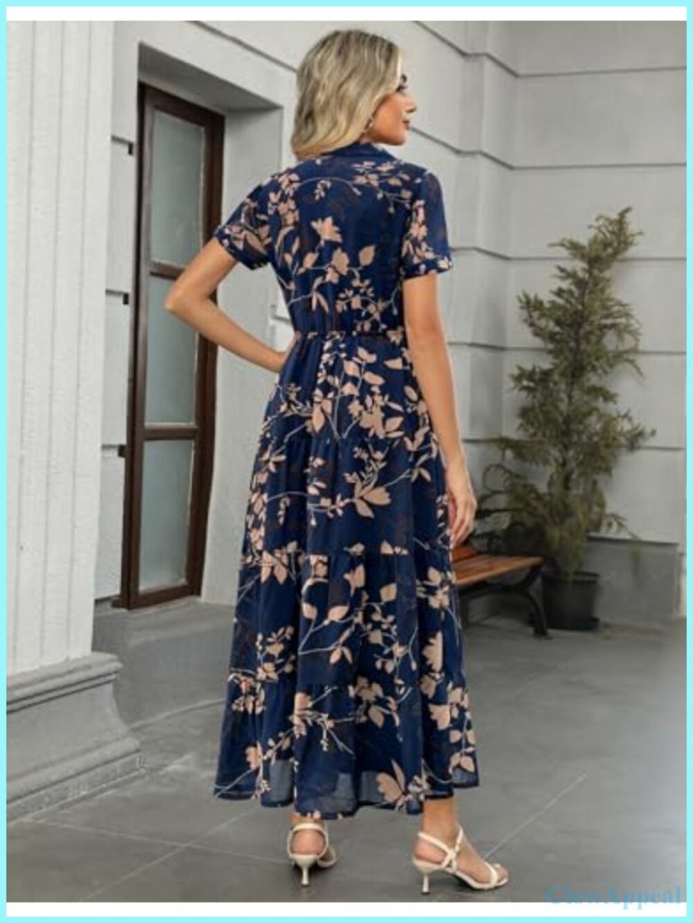 Collared V Neck Short Sleeve Button Down Chiffon Tiered Floral Maxi Dress with - Picture 2 of 6